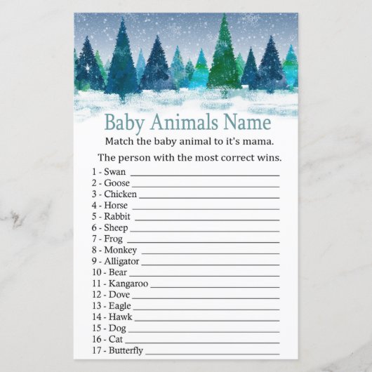 冬の森の赤ん坊の動物の名前ゲーム赤ん坊シャワー (正面)