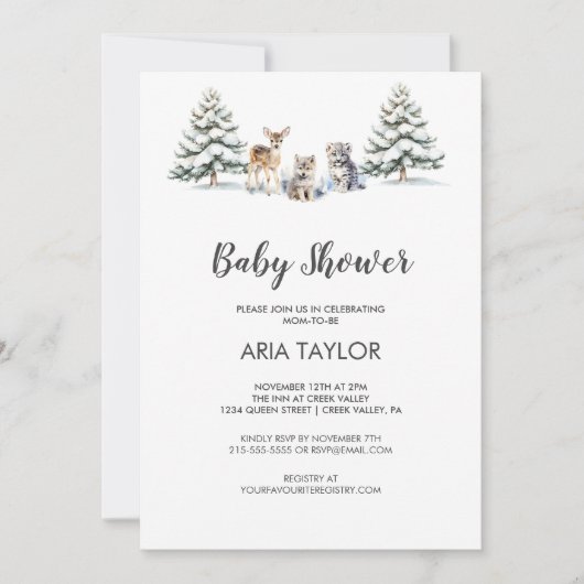 冬の森の赤ん坊の動物の赤ちゃんシャワー 招待状 (正面)
