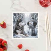 冬の森の雪だるまとハスキー スタンダードカクテルナプキン (インサイチュ)