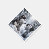 冬の森の雪だるまとハスキー スタンダードカクテルナプキン (角)