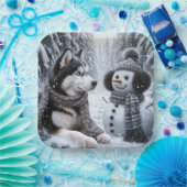 冬の森の雪だるまとハスキー ペーパープレート (パーティー)