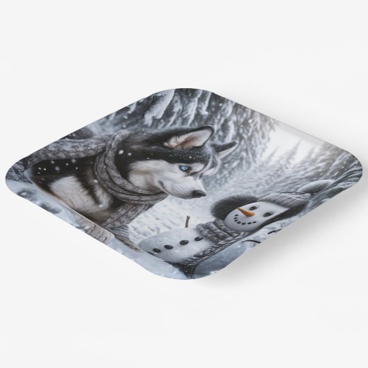 冬の森の雪だるまとハスキー ペーパープレート (傾斜あり)