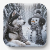冬の森の雪だるまとハスキー ペーパープレート (正面)