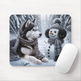 冬の森の雪だるまとハスキー マウスパッド