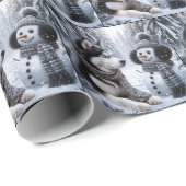 冬の森の雪だるまとハスキー ラッピングペーパー (ロールコーナー)