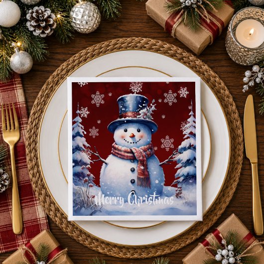 冬の森の雪だるまのクリスマス | 赤 スタンダードカクテルナプキン