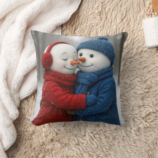 冬の森の雪だるまカップルの雪片 クッション (ブランケット)