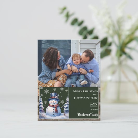 冬の森の雪だるまクリスマスフォト | Green シーズンカード (スタンド正面)