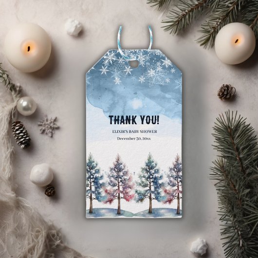 冬の森の雪と松の木の赤ちゃんシャワー ギフトタグ