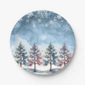 冬の森の雪と松の木の赤ちゃんシャワー ペーパープレート (正面)