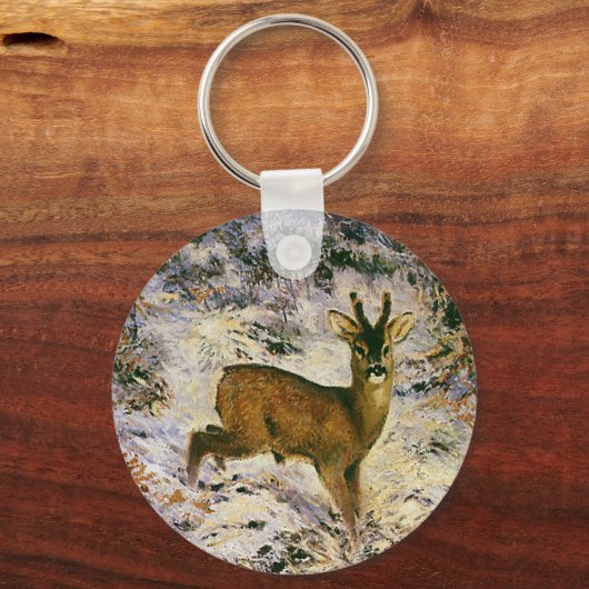 冬の森の雪のヴィンテージクリスマストインデナー キーホルダー (裏面)