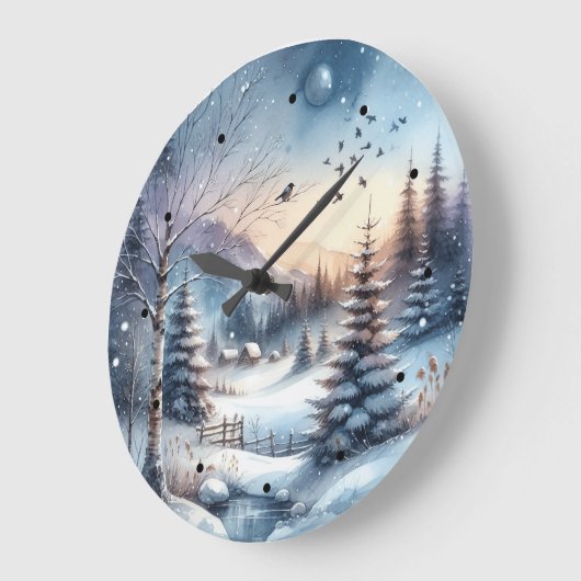 冬の森の雪の家の木々青い池 ラージ壁時計 (傾斜)