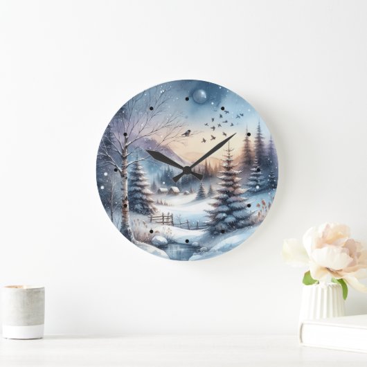 冬の森の雪の家の木々青い池 ラージ壁時計 (ホーム)