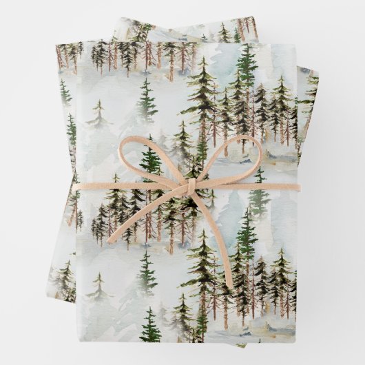 冬の森の雪の松の木の森シーン ラッピングペーパーシート (インサイチュ)