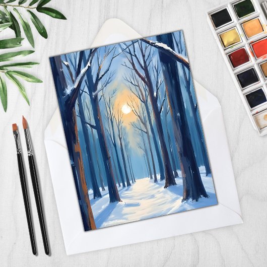 冬の森の雪の水彩画の木々カード