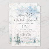 冬の森の雪の結晶オーネダーランド1st誕生日 招待状 (正面/裏面)