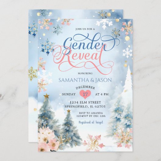 冬の森の雪の結晶クリスマスジェンダーの暴露 招待状 (正面/裏面)