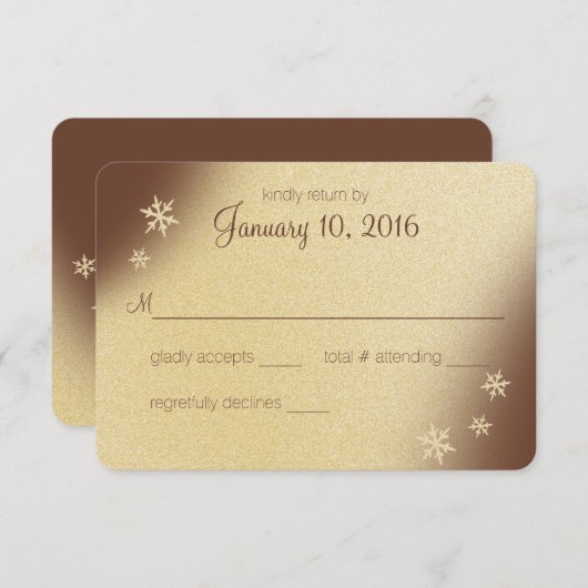 冬の森の雪の結晶 ブラウンとゴールドの返信 出欠カード (正面/裏面)