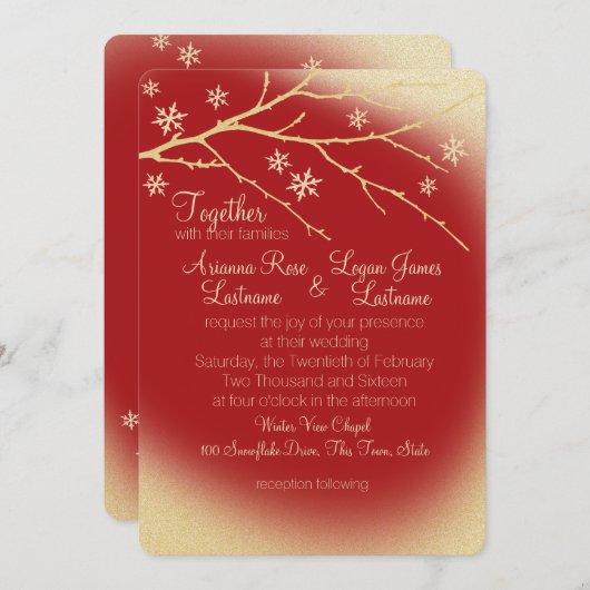 冬の森の雪の赤と金ゴールド結婚ズ 招待状 (正面/裏面)