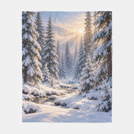 冬の森の雪景色 フリースブランケット (正面)