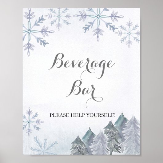 冬の森の雪片の飲料バー標識 ポスター (正面)