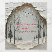 冬の森の雪片の鳥の紙カット ワインラベル (シングルラベル)