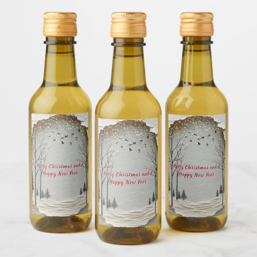 冬の森の雪片の鳥の紙カット ワインラベル (ボトル)
