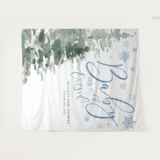 冬の森の青いベビー外は寒い タペストリー (正面(横))