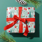 冬の森の青と赤の動物の森の模様 ラッピングペーパー