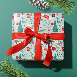 冬の森の青と赤の動物の森の模様 ラッピングペーパー