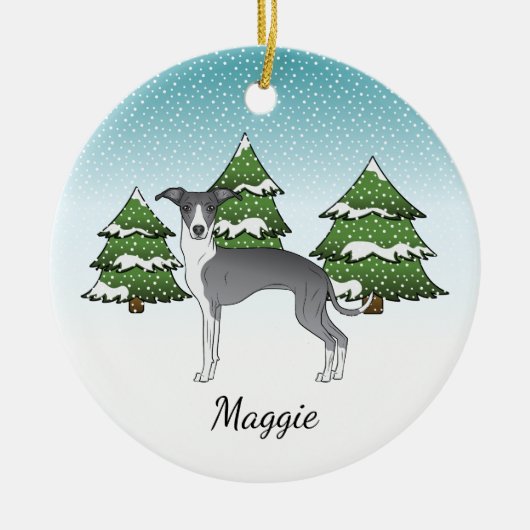 冬の森の青イタリアンと白のグレイハウンド セラミックオーナメント (正面)