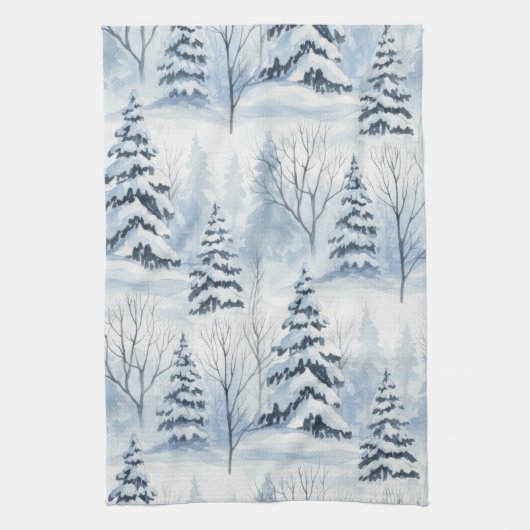 冬の森の静けさ – 雪に覆われた木立 キッチンタオル (縦)
