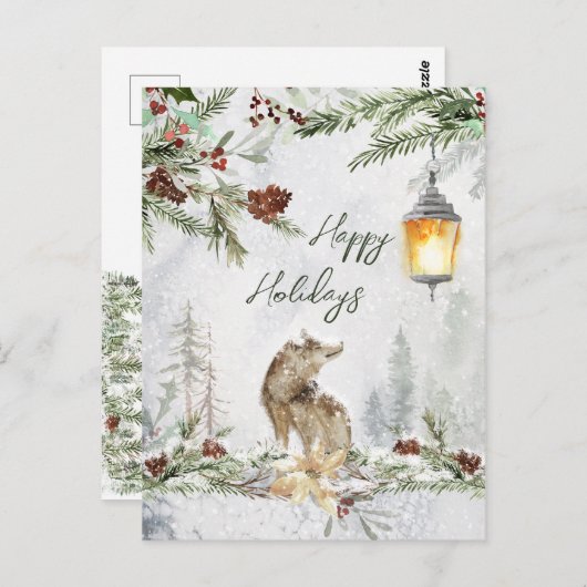 冬の森の風景、オオカミのクリスマスポストカード ポストカード (正面/裏面)