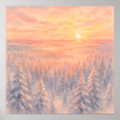 冬の森の風景 夕焼け - 水彩画風 ポスター (正面)