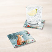 冬の森の風景、狐のクリスマス スクエアペーパーコースター (インサイチュ)