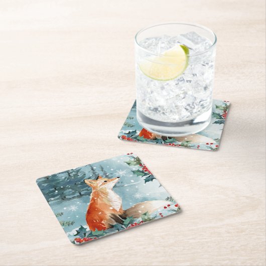 冬の森の風景、狐のクリスマス スクエアペーパーコースター (インサイチュ)