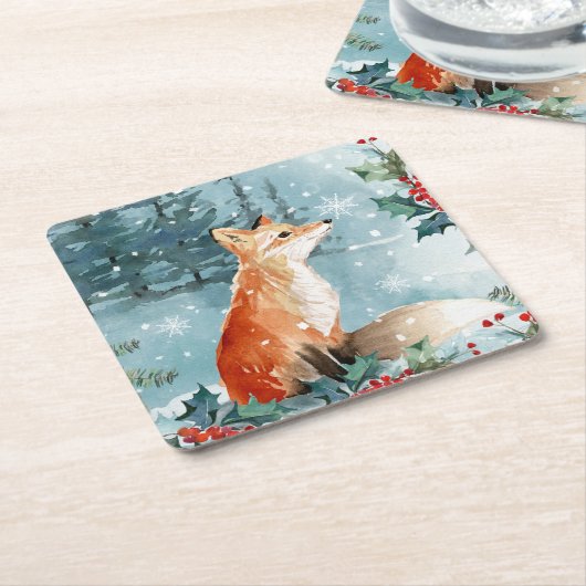 冬の森の風景、狐のクリスマス スクエアペーパーコースター (アングル)