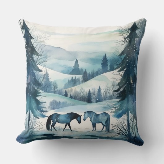 冬の森の馬の馬モノグラム クッション (正面)