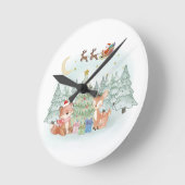 冬の森の魔法のクリスマスの夜 ラウンド壁時計 (傾斜)