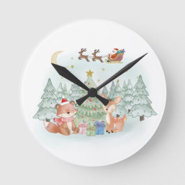 冬の森の魔法のクリスマスの夜 ラウンド壁時計
