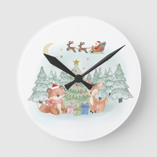 冬の森の魔法のクリスマスの夜 ラウンド壁時計 (正面)