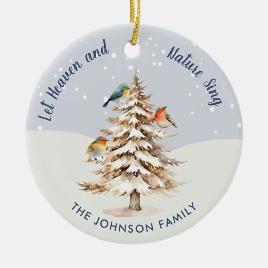 冬の森の鳥の家族の写真 セラミックオーナメント (正面)