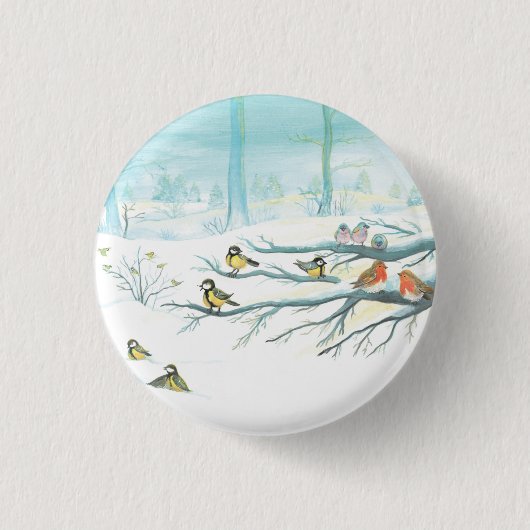 冬の森の鳥 缶バッジ (正面)