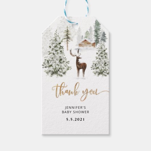 冬の森の鹿の赤ちゃんシャワ感謝していーユー ギフトタグ (正面)
