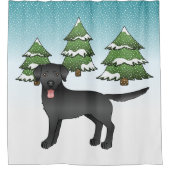 冬の森の黒いラブラドールレトリバー シャワーカーテン (正面)