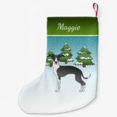 冬の森の黒イタリアンと白のグレイハウンド スモールクリスマスストッキング (裏面)