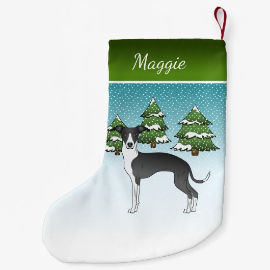 冬の森の黒イタリアンと白のグレイハウンド スモールクリスマスストッキング (裏面)