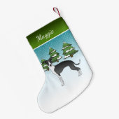 冬の森の黒イタリアンと白のグレイハウンド スモールクリスマスストッキング (裏面 (吊り時))