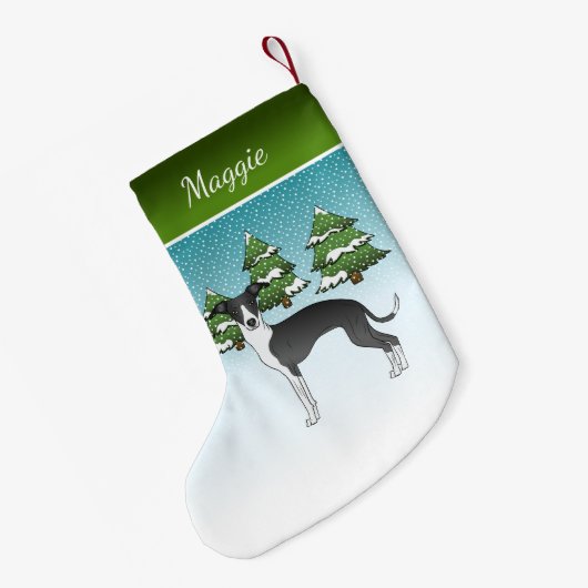 冬の森の黒イタリアンと白のグレイハウンド スモールクリスマスストッキング (裏面 (吊り時))