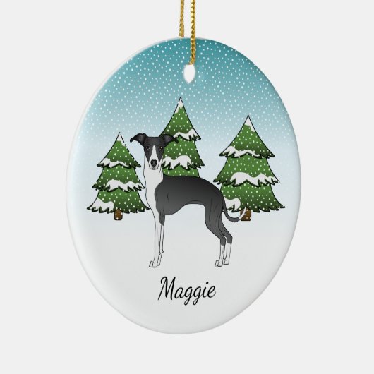 冬の森の黒イタリアンと白のグレイハウンド セラミックオーナメント (右)